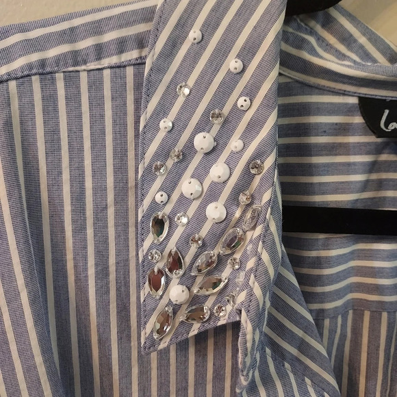 Lane Bryant Striped Embellished Collar Button Up Long Sleeve Blouse in Size 24 - Picture 3 of 11